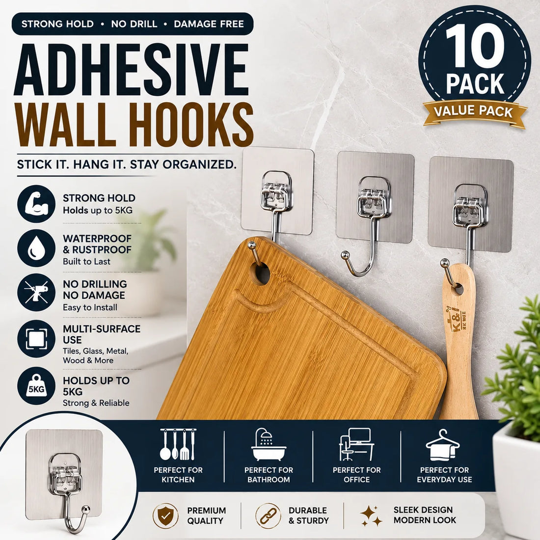 Adhesive Wall Hooks – Pack of 10 — product view 1