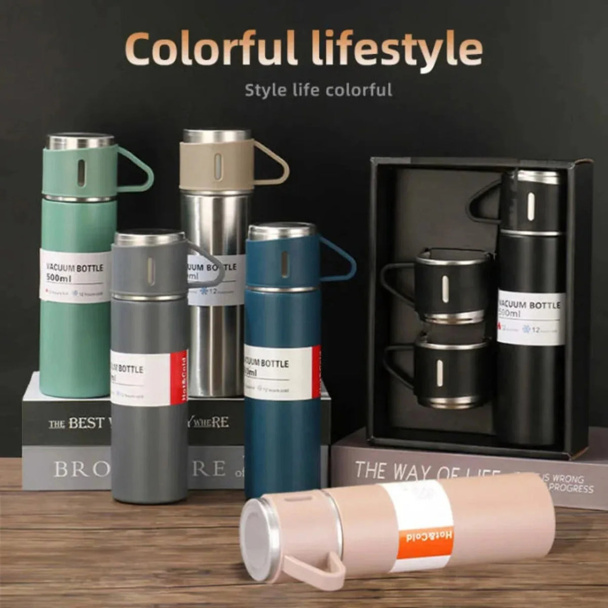 Steel Vacuum Flask with 3 Cups — product view 1