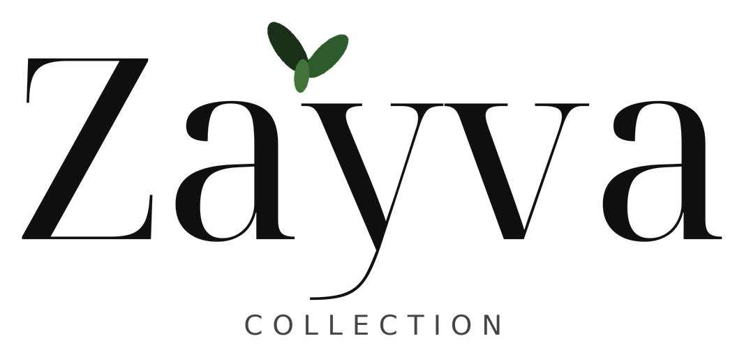 Zayva Collection official black wordmark with green leaf symbol